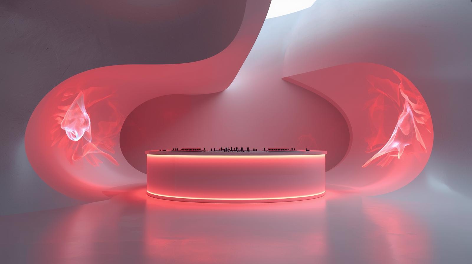 A minimalist and clean photography style showcasing a futuristic DJ booth with smooth, curved lines and prominently visible holographic displays, presented in a simple composition with ample ne (1)